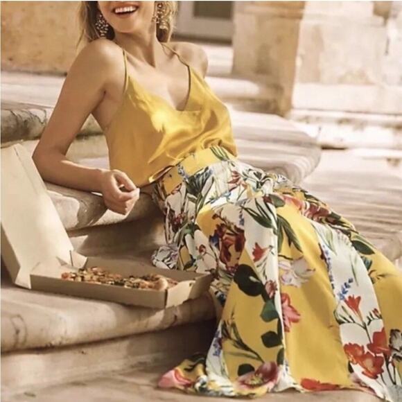 Rococo Sand yellow floral maxi skirt satin spring summer circle skirt - Picture 2 of 11